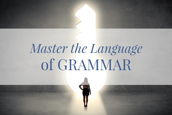 Image of a woman in front of a key-shaped door with the words "mastering the language of grammar"